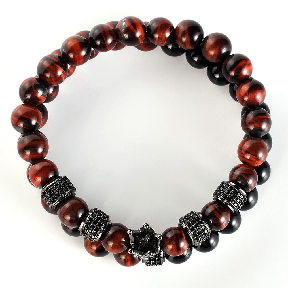 MEN Bracelets SET, Crown for Men 8mm Lava Stone Bead Vintage Healing Stainless Steel Jewelry Gifts