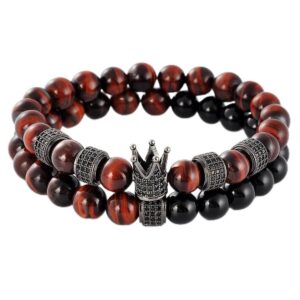 MEN Bracelets SET, Crown for Men 8mm Lava Stone Bead Vintage Healing Stainless Steel Jewelry Gifts