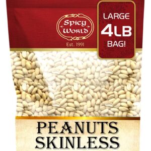 Spicy World Skinless Peanuts, Blanched Raw Peanuts (Uncooked, Unsalted) 4 Pound (64oz) ~ All Natural USA Grown