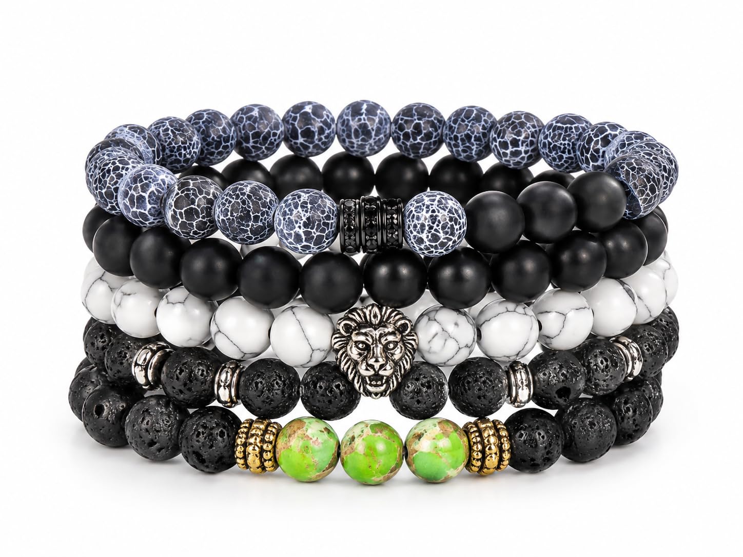 Natural Stone Beads 8MM Stretch Lava Rock Bracelet Set Adjustable Black Crystal Beaded Bracelet for Men Women Gifts, Set of Five