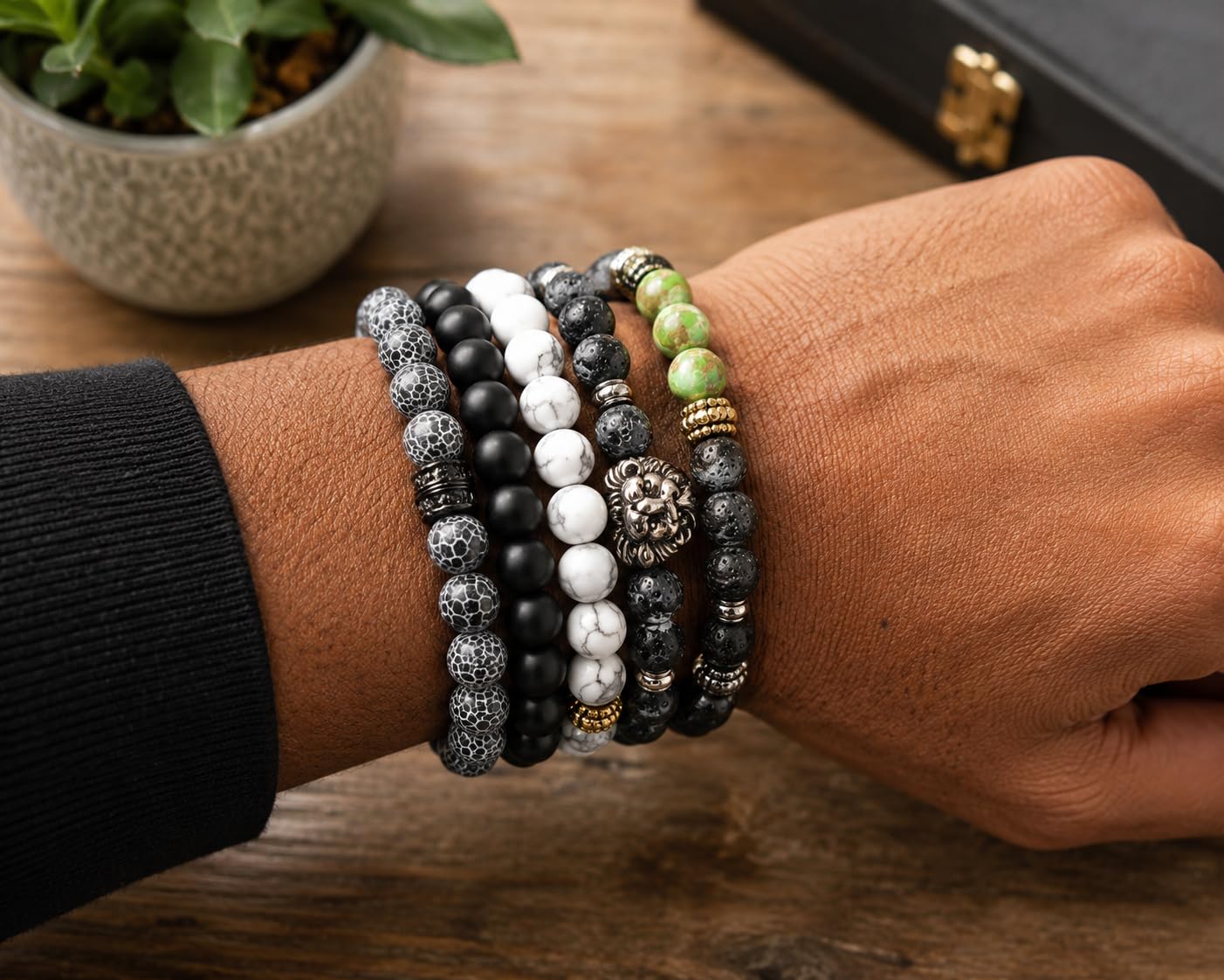 Natural Stone Beads 8MM Stretch Lava Rock Bracelet Set Adjustable Black Crystal Beaded Bracelet for Men Women Gifts, Set of Five