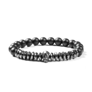 Skull Bracelet Piece with 8mm Black Obsidian Beaded Bone Skeleton Healing Energy Bracelet for Husband Boyfriend Father's Day Gift